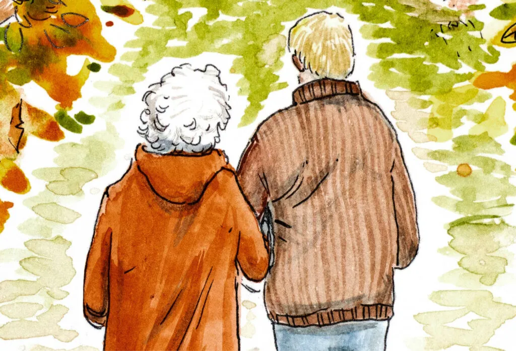 Bild ur en illustration målad av Isak Nygren, på en äldre kvinna i armkrok med en yngre man, på väg längs en väg under hösten mot ett äldreboende.