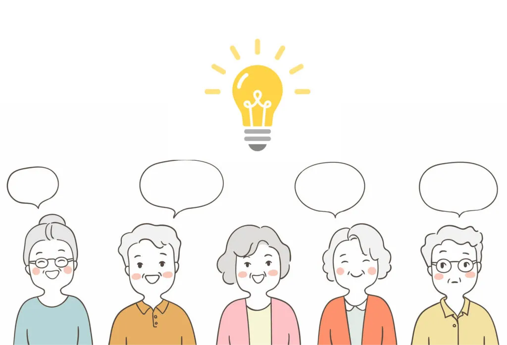 Bild på 5 tecknade personer med pratbubblor och en glödlampa ovanför sina huvuden. Beskrivande bild för vår kostnadsfria gruppledar-utbildning i Livsnära samtal, en utbildning för människor som vill bli bättre på att leda samtal och hålla i samtalsgrupper för äldre.