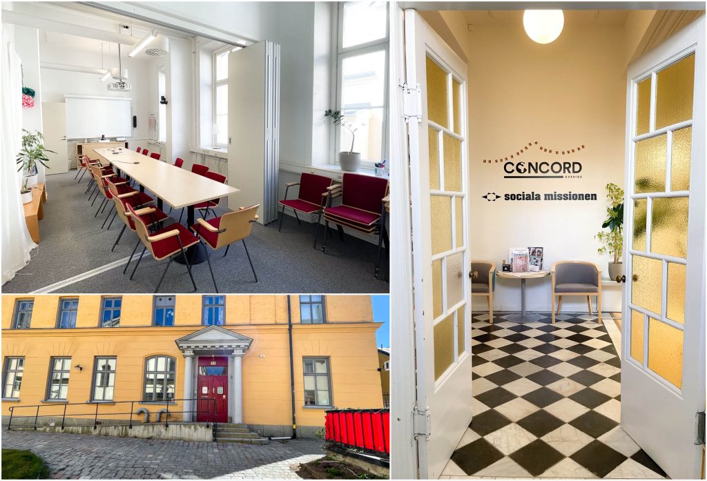 Bild på Sociala Missionens lokal på Högbergsgatan i Stockholm. Bild på fasaden av den lediga lokalen, från konferensrummet och en bild från ingången in i lokalen.