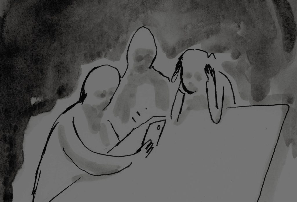 Illustration av tre barn som sitter vid ett köksbord och ser ledsna ut när de tittar ner i skärmen på en mobiltelefon.